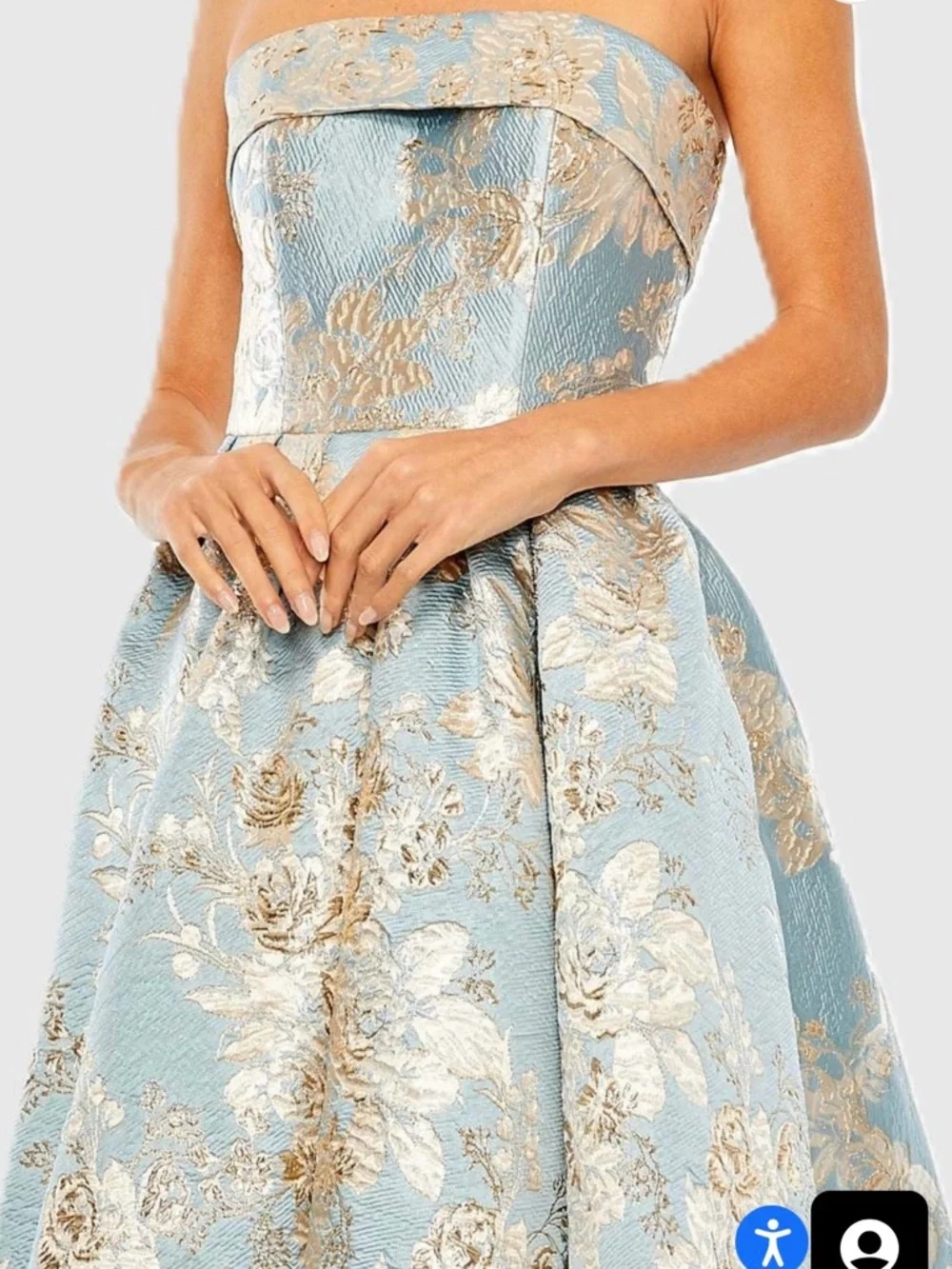 Strapless Blue Floral Brocade Midi Dress - Picture 3 of 5